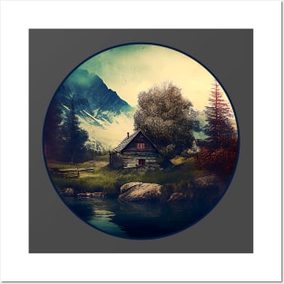 Rustic Lone Cabin in the Mountains Woods with Lake and Trees Posters and Art